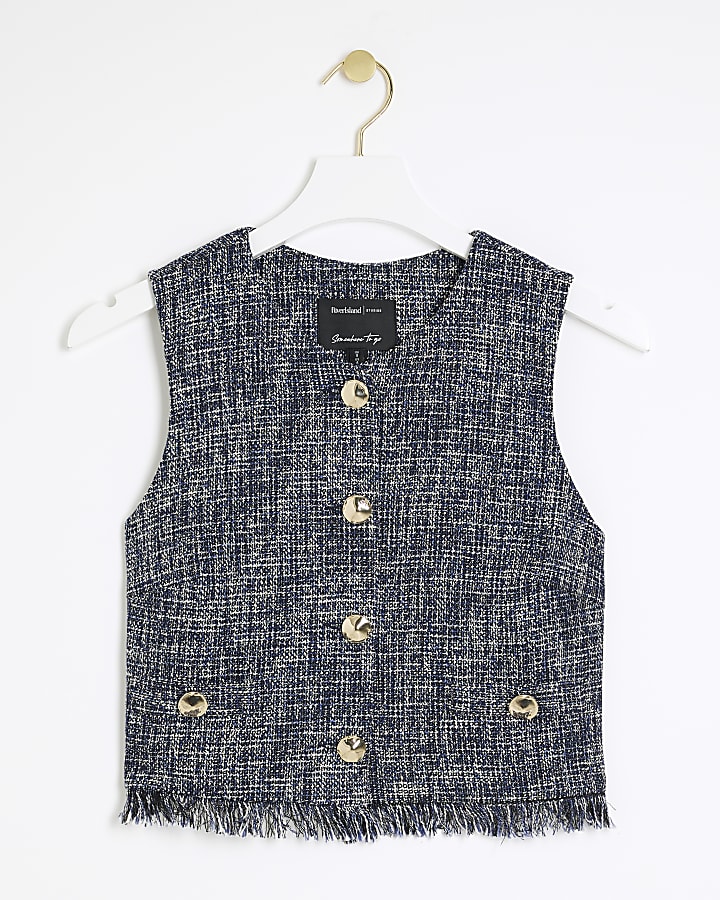 Navy boucle fringe hem waistcoat