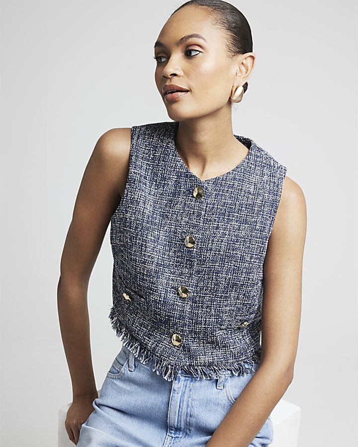 Navy boucle fringe hem waistcoat