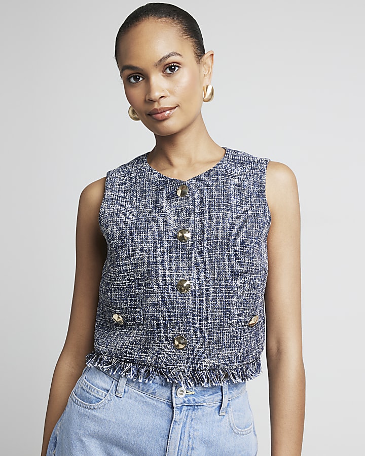 Navy boucle fringe hem waistcoat