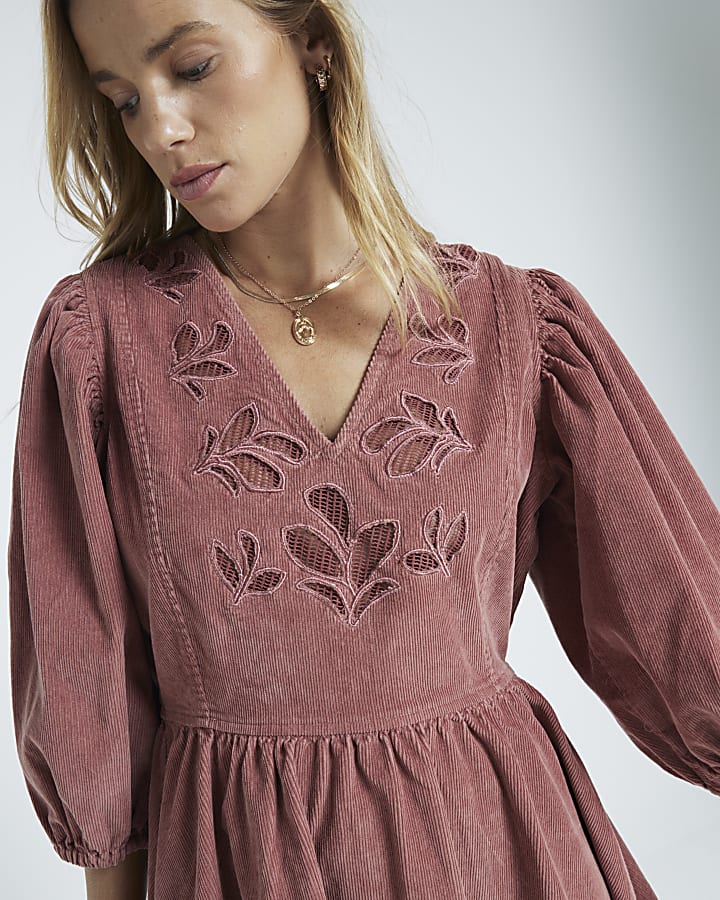 Pink Corduroy Cutwork Mini Skater Dress