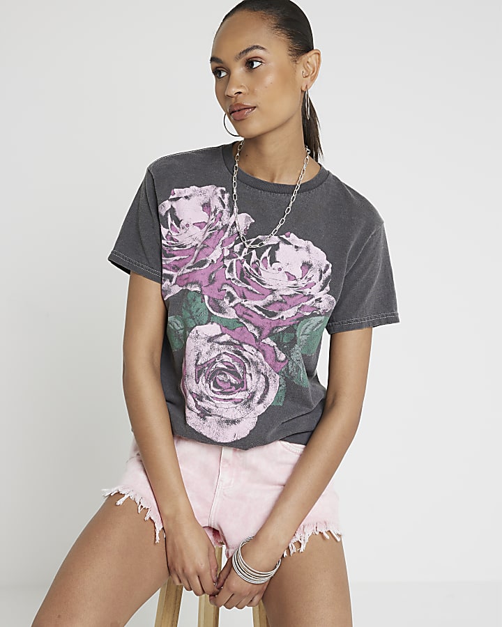 Grey floral graphic t-shirt