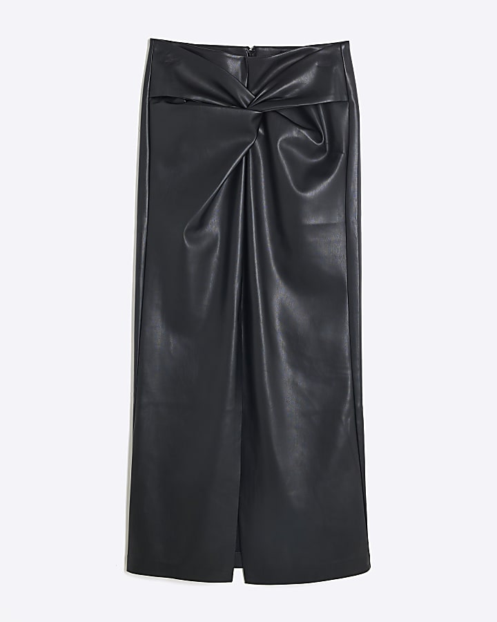 Black Twist Detail Faux Leather Midi Skirt