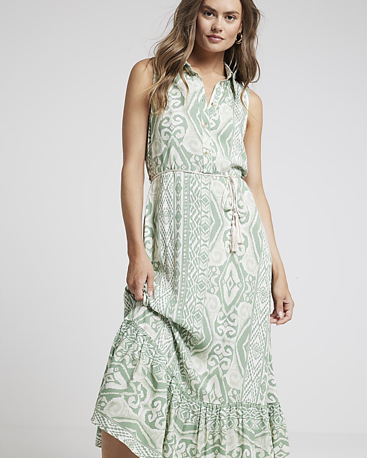 Green belted sleeveless midi shirt dress