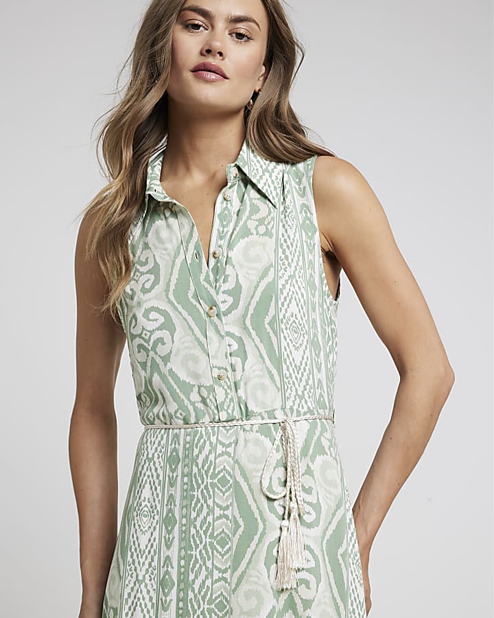 Green belted sleeveless midi shirt dress