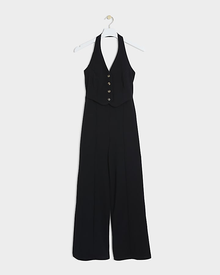 Petite Black Halter Neck Waistcoat Jumpsuit