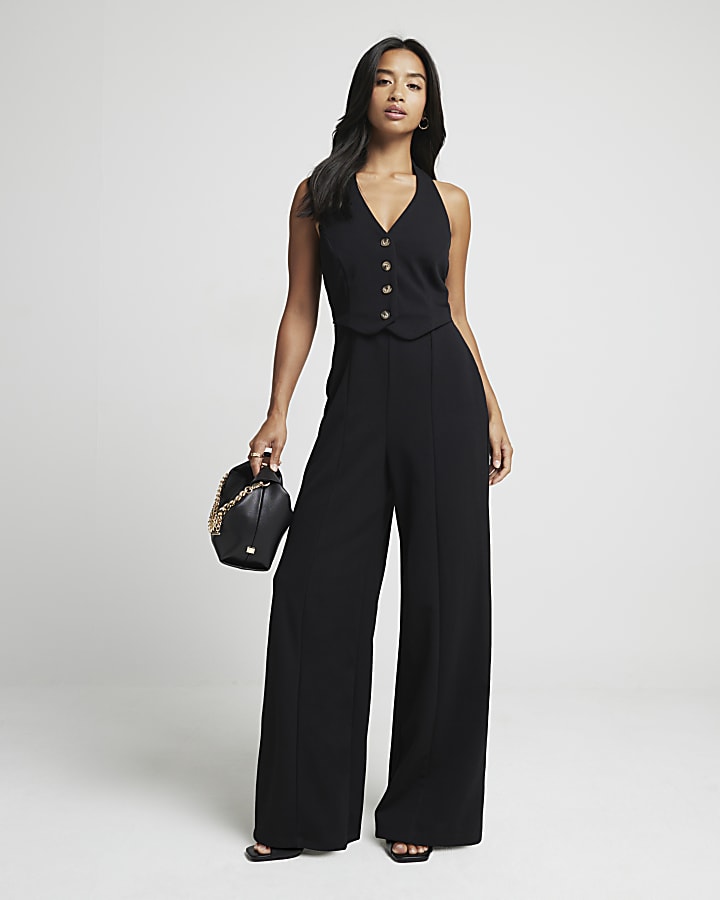 Petite Black Halter Neck Waistcoat Jumpsuit