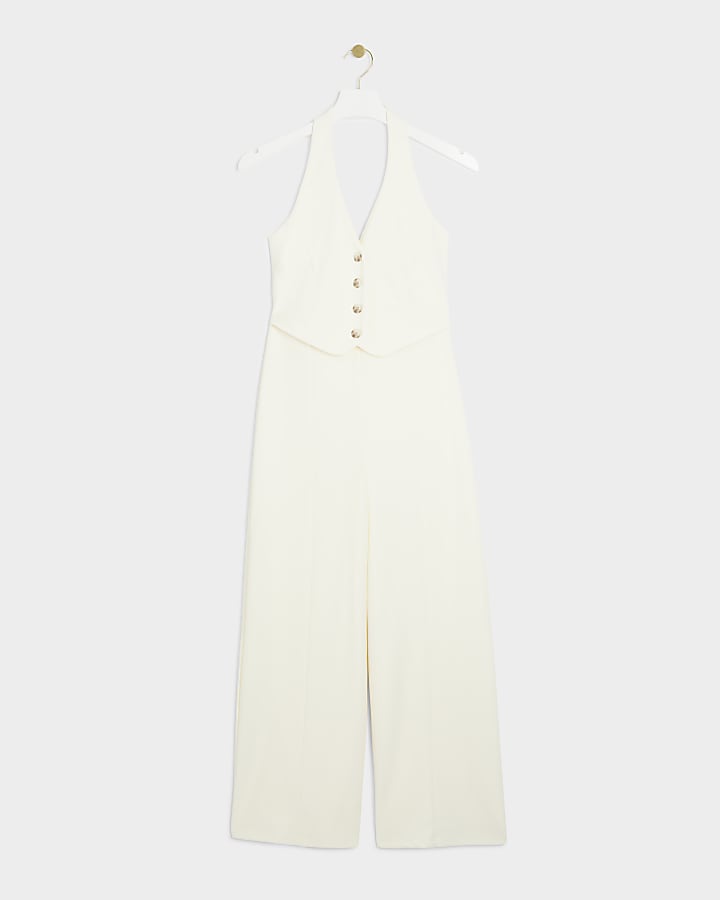 Petite Cream Halter Neck Waistcoat Jumpsuit