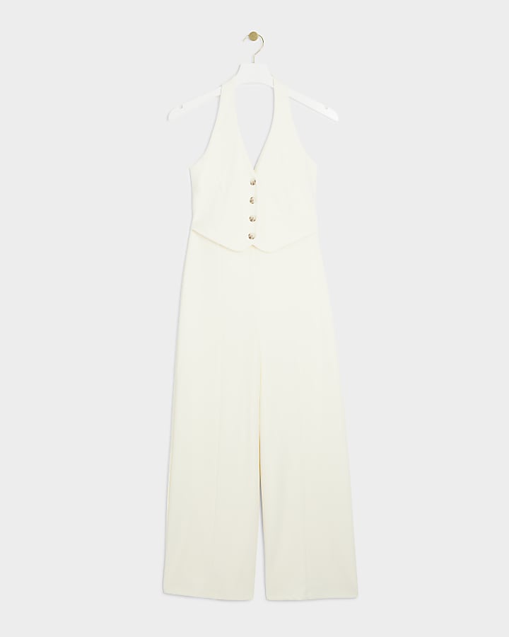 Petite Cream Halter Neck Waistcoat Jumpsuit