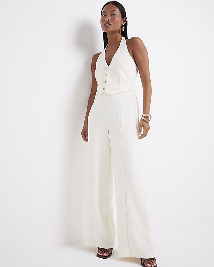 Petite Cream Halter Neck Waistcoat Jumpsuit