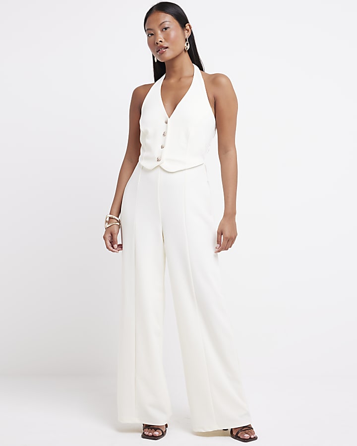 Petite Cream Halter Neck Waistcoat Jumpsuit