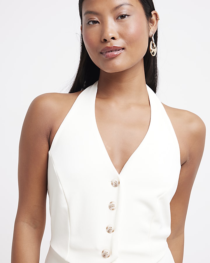 Petite Cream Halter Neck Waistcoat Jumpsuit