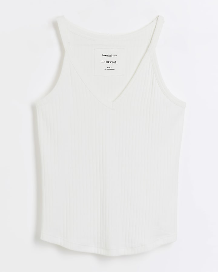 White ribbed V neck cami top