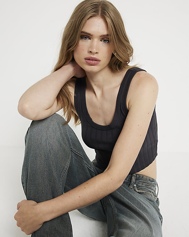 Grey ribbed crop tank top
