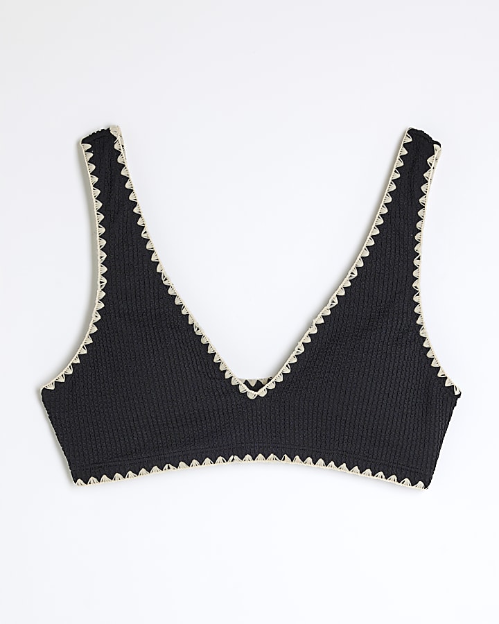 Black Plunge V-neck Whipstitch Bikini Top