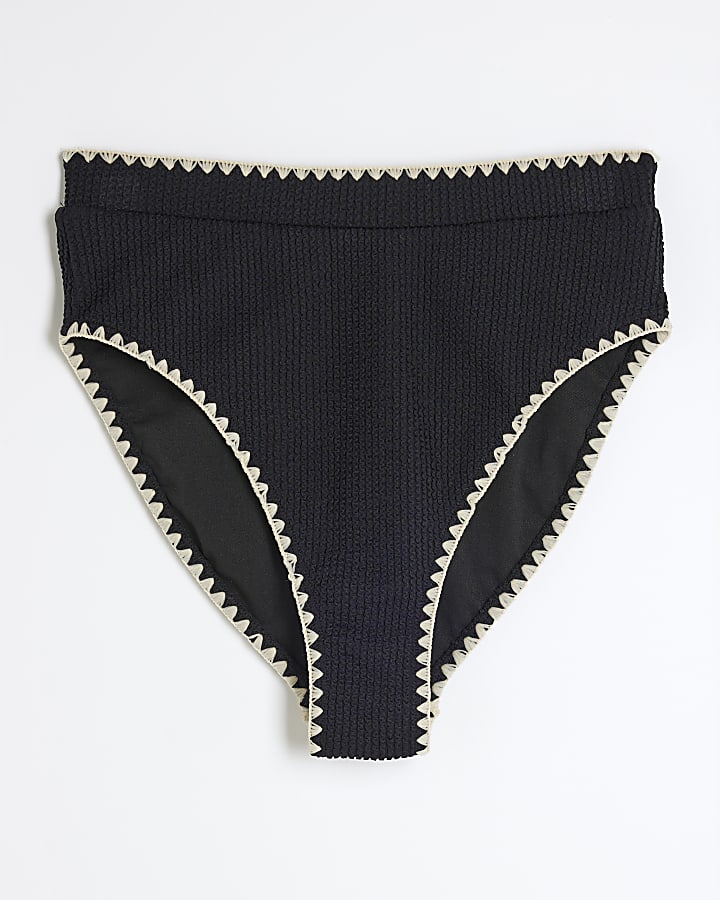 Black Textured Whipstitch Bikini Bottoms