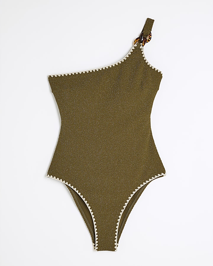 Khaki One Shoulder Glitter Swimsuit