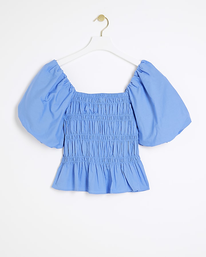 Blue shirred puff sleeve blouse