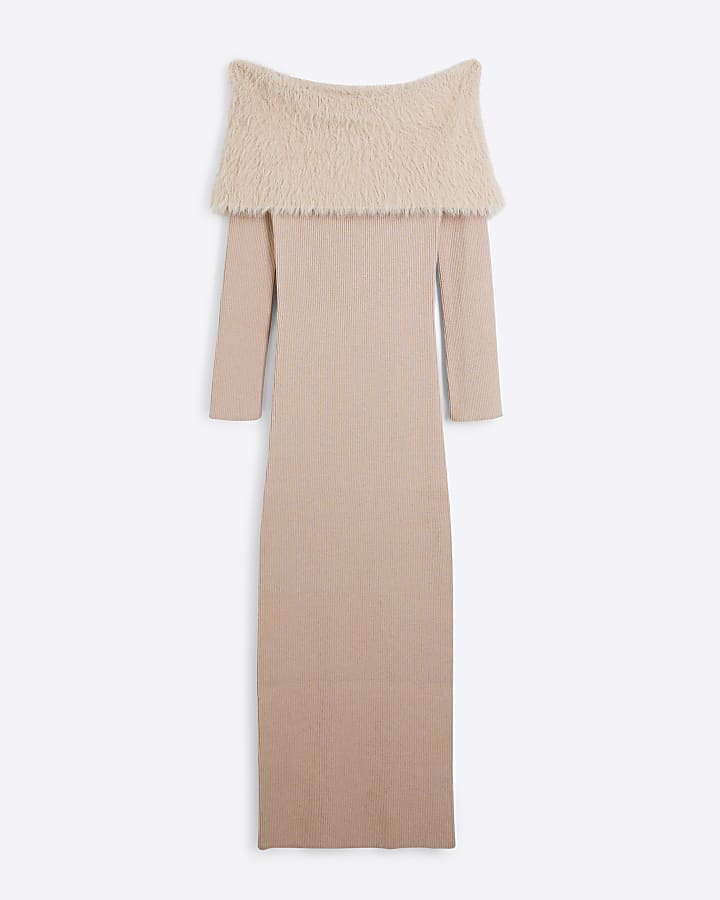 Beige Fluffy Bardot Midi  Dress