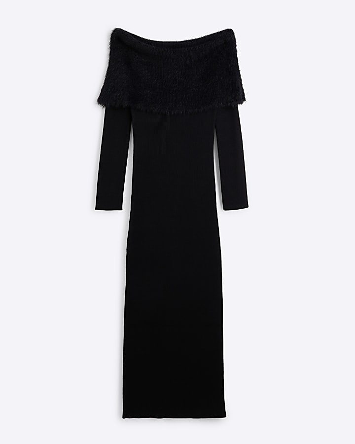 Black Fluffy Bardot Midi Dress