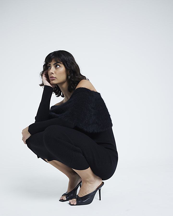 Black Fluffy Bardot Midi Dress