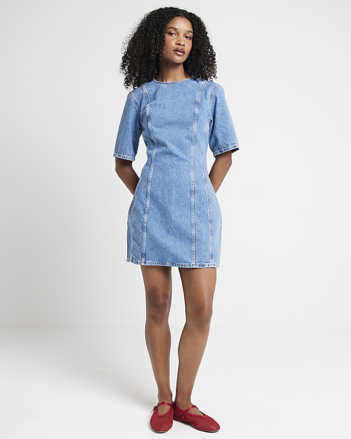 Blue denim seam detail shift mini dress