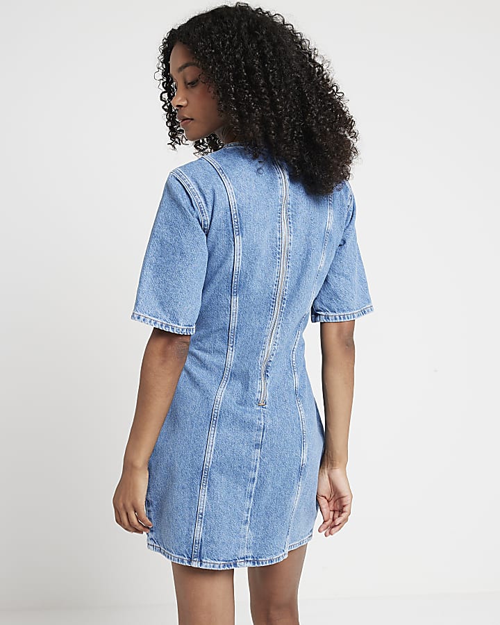 Blue denim seam detail shift mini dress