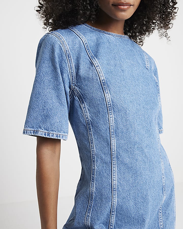 Blue denim seam detail shift mini dress