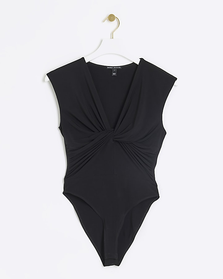 Black Twist Front Drape Bodysuit