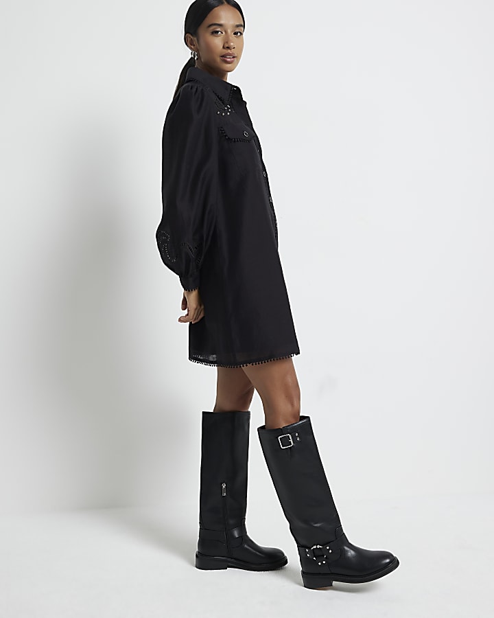 Petite Black Studded Broderie Shirt Dress