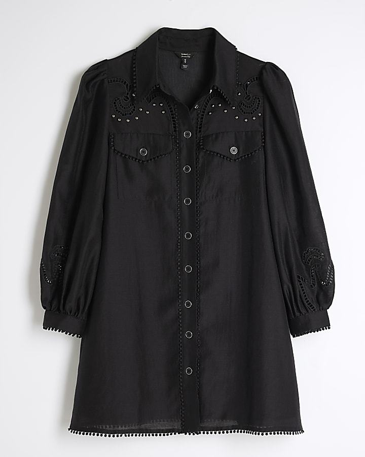 Petite Black Studded Broderie Shirt Dress