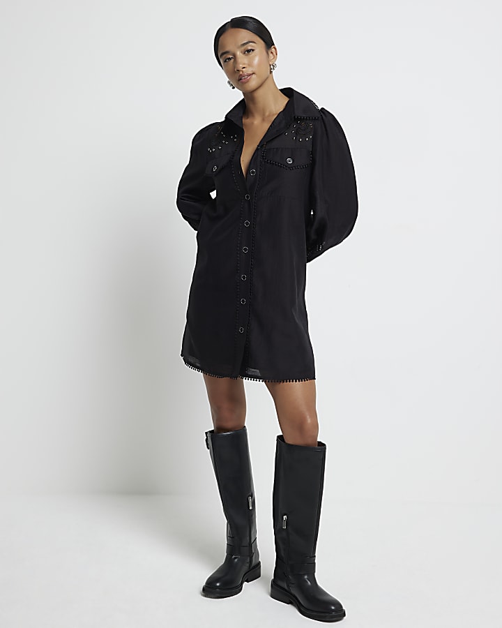 Petite Black Studded Broderie Shirt Dress