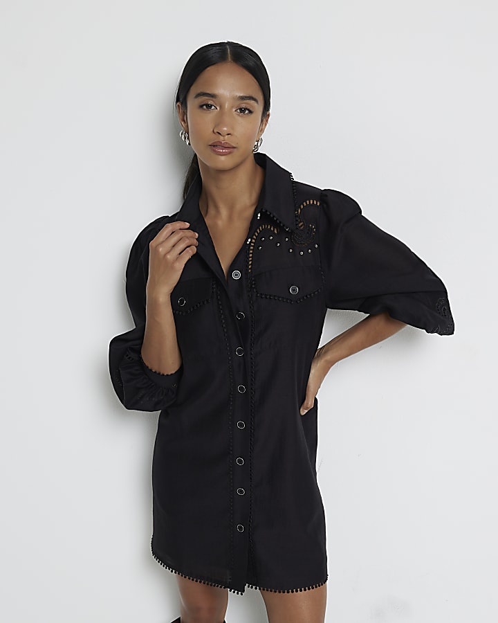 Petite Black Studded Broderie Shirt Dress