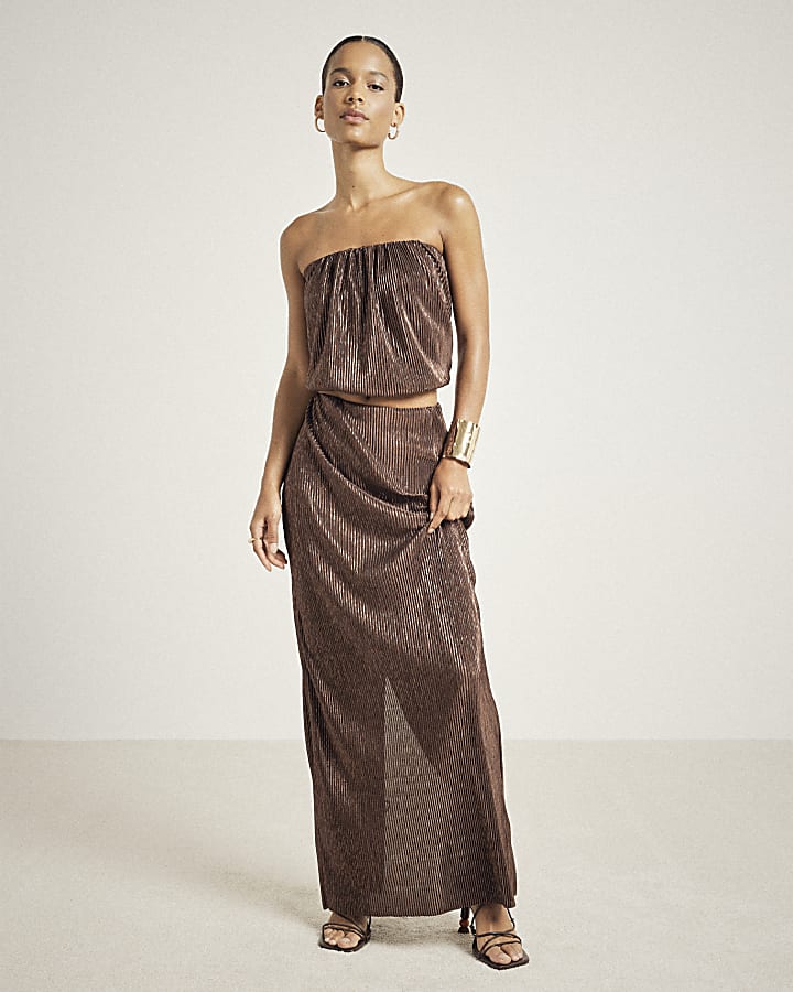 Brown Plisse Metallic Bandeau Top
