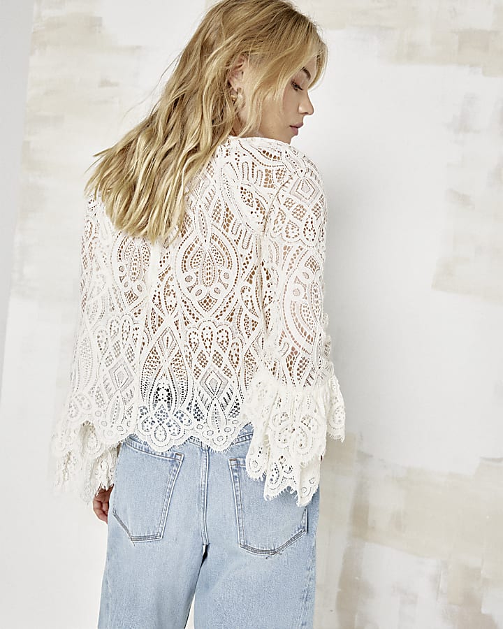Cream lace frill long sleeve blouse