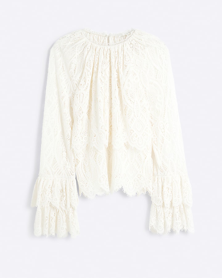 Cream lace frill long sleeve blouse