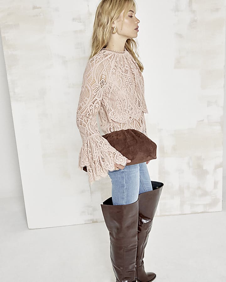 Pink lace frill detail blouse