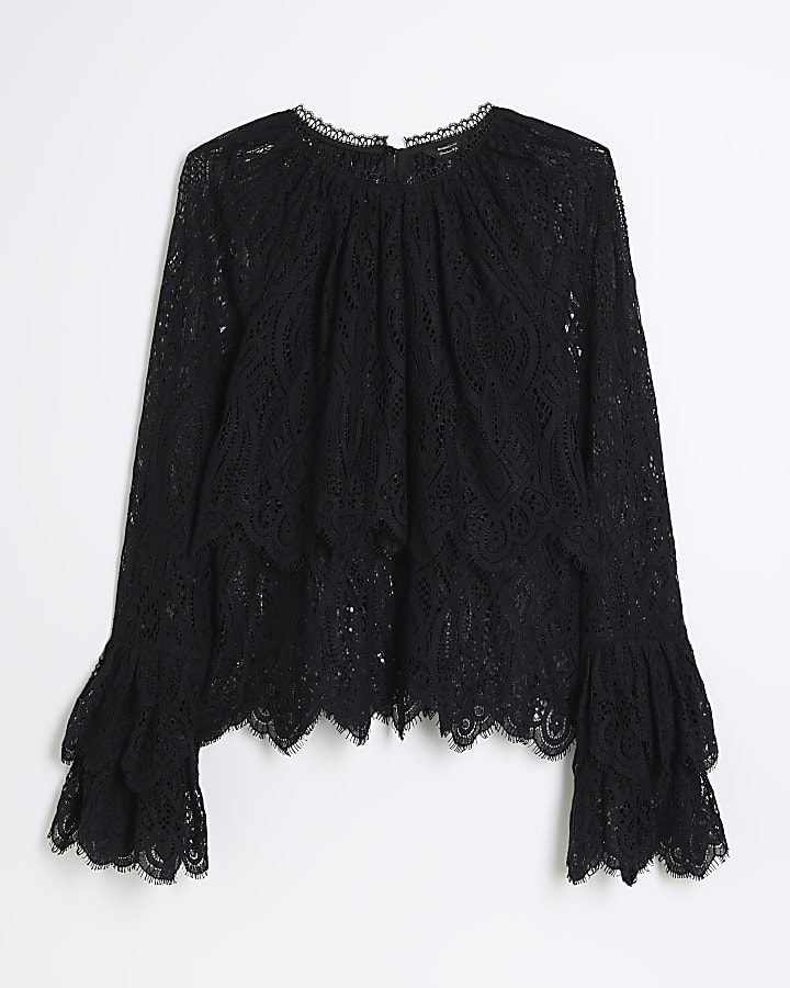 Black Lace Frill Sleeve Blouse