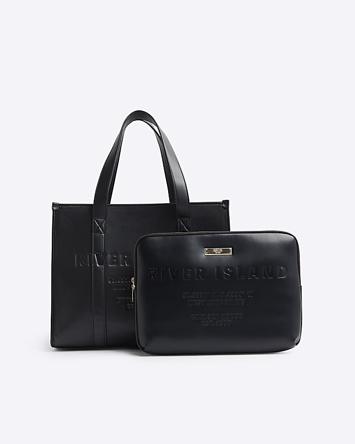 Black embossed shopper bag and laptop case River Island