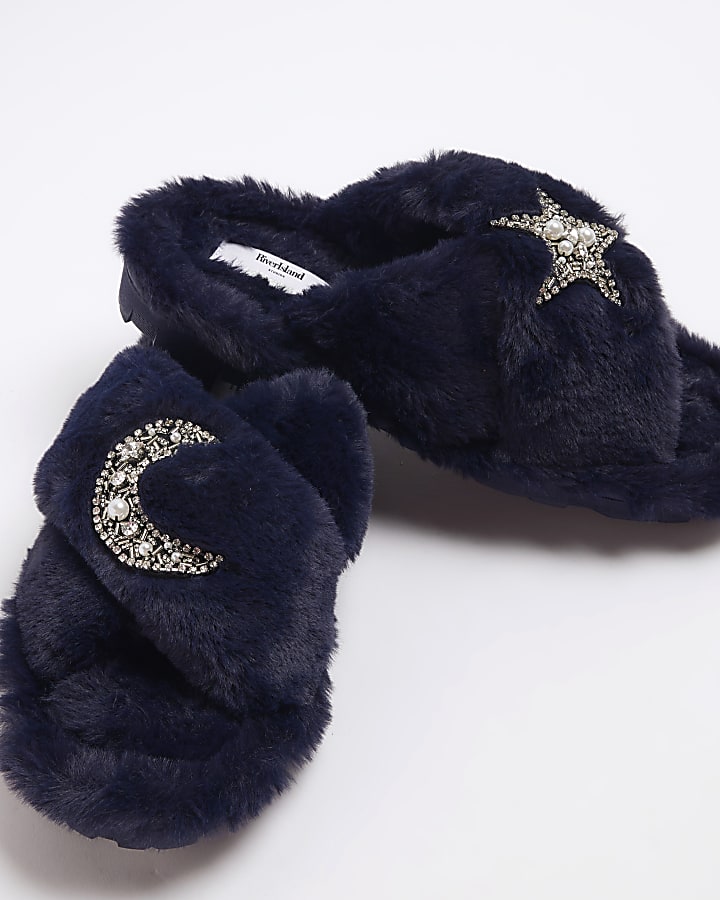 Navy Moon Star Strap Slippers