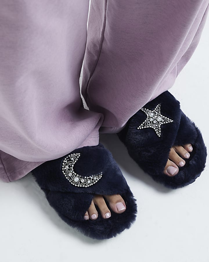 Navy Moon Star Strap Slippers