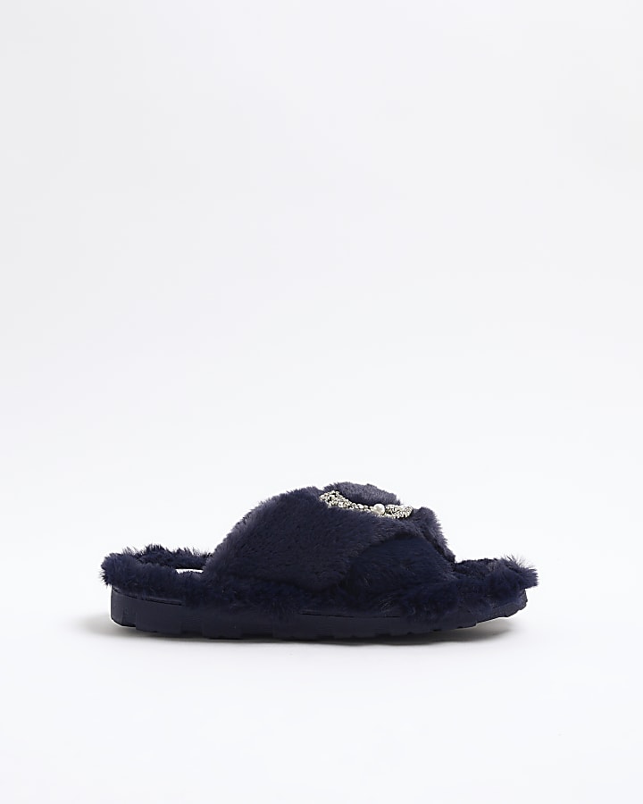 Navy Moon Star Strap Slippers