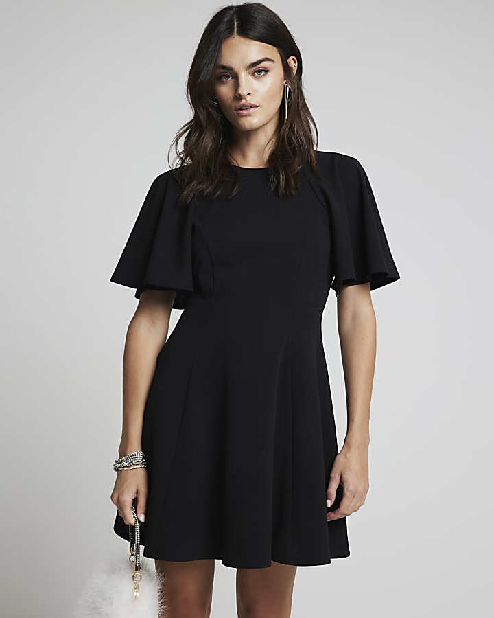 Black flute sleeve skater mini dress