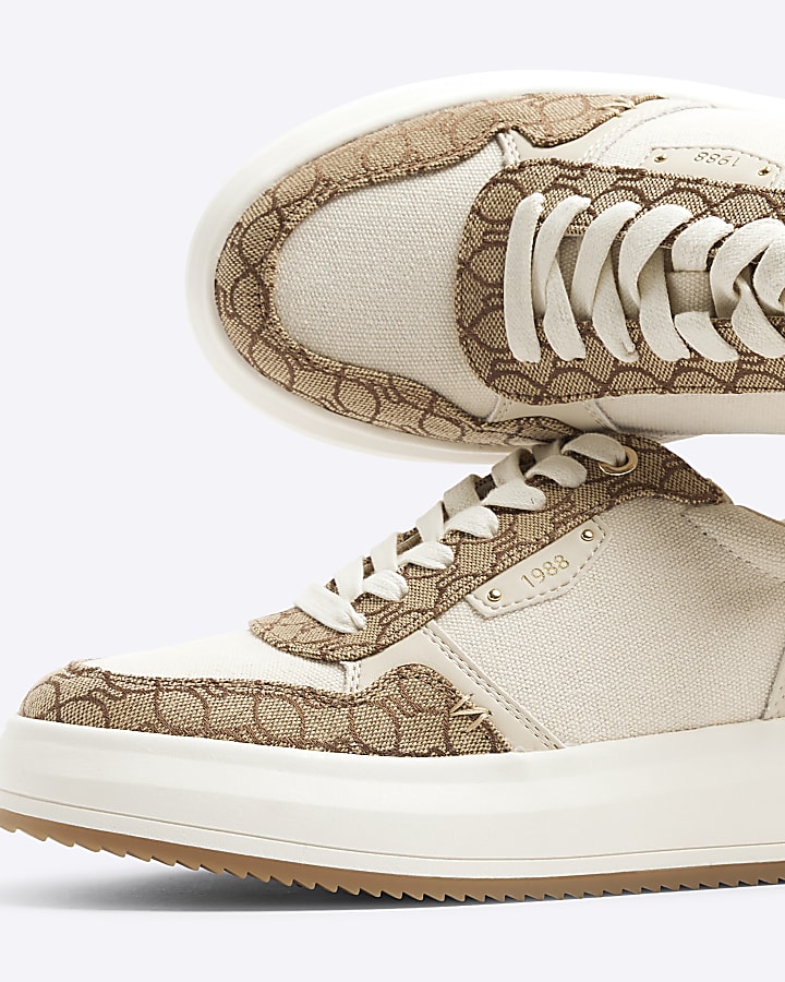 Beige Canvas Panel Lace Up Monogram Trainers