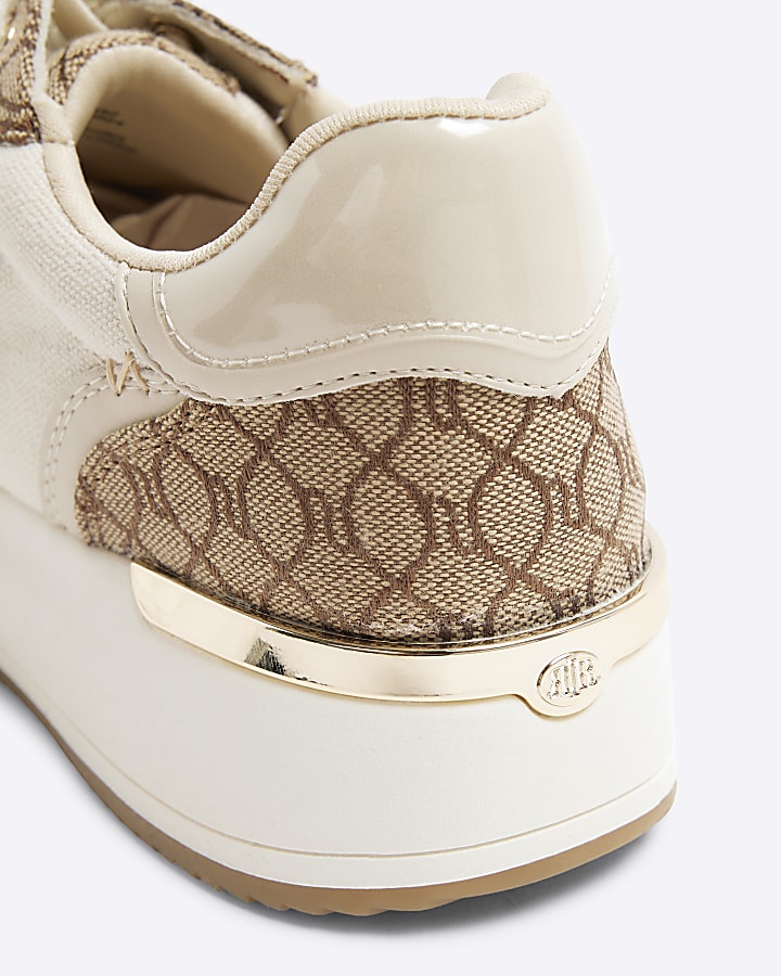 Beige Canvas Panel Lace Up Monogram Trainers