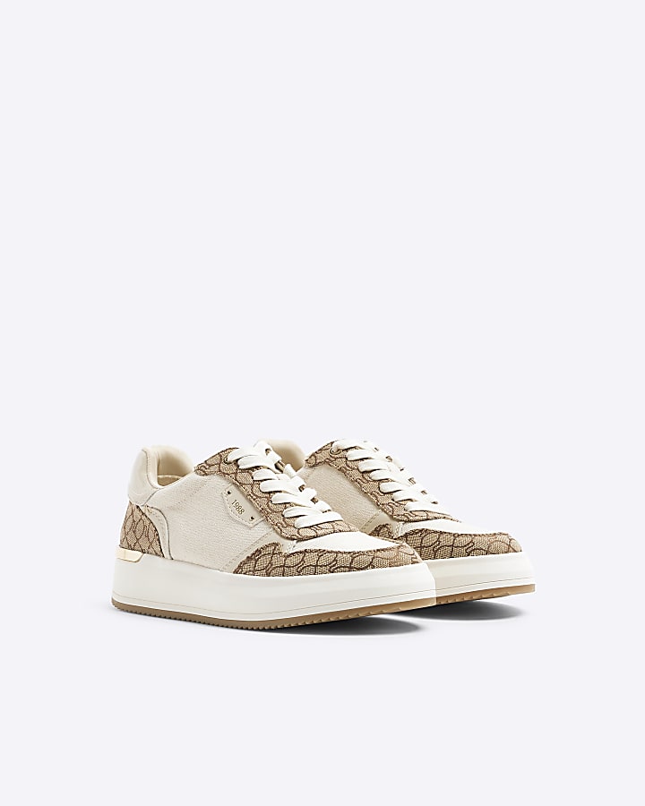 Beige Canvas Panel Lace Up Monogram Trainers