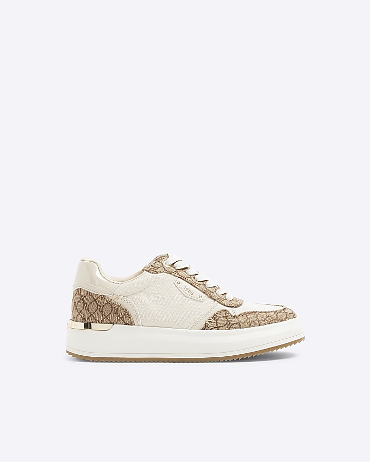 Beige Canvas Panel Lace Up Monogram Trainers