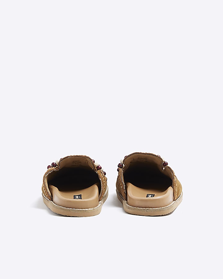 Brown Suede Fringed Clog Shoes