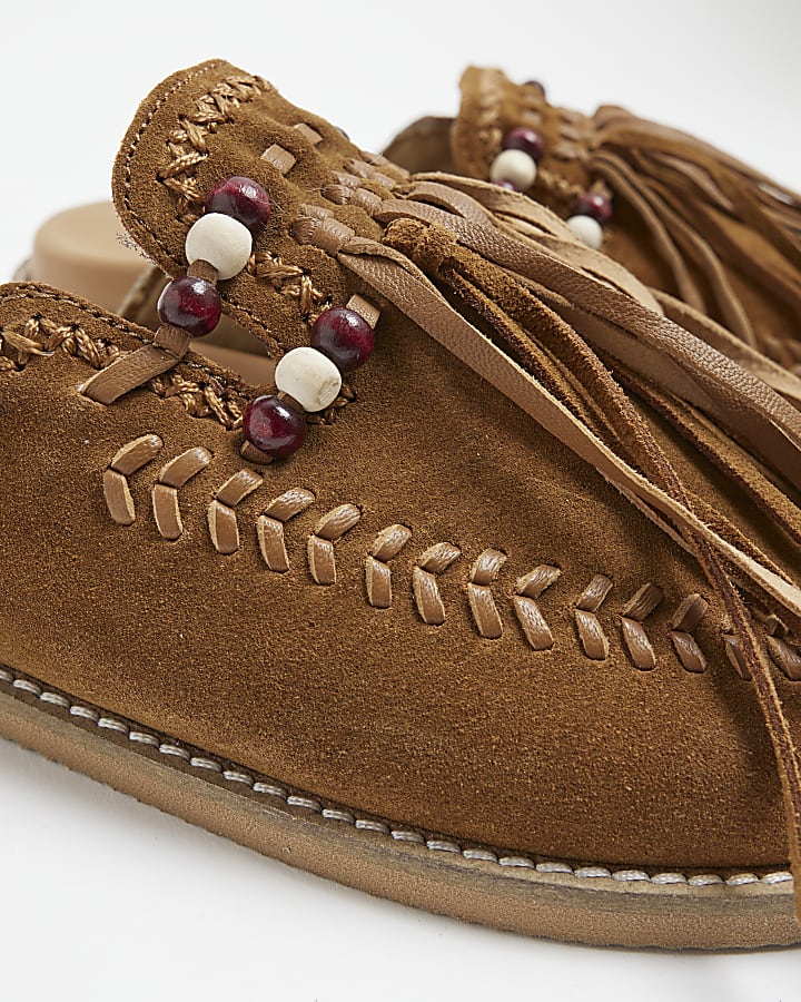 Brown Suede Fringed Clog Shoes