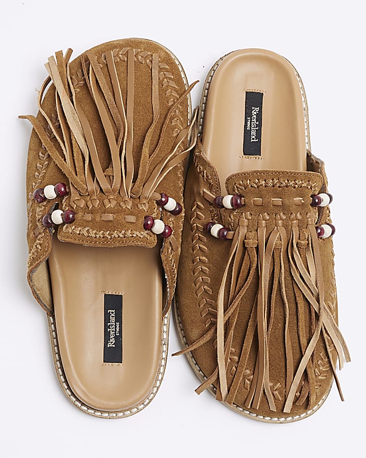 Brown Suede Fringed Clog Shoes