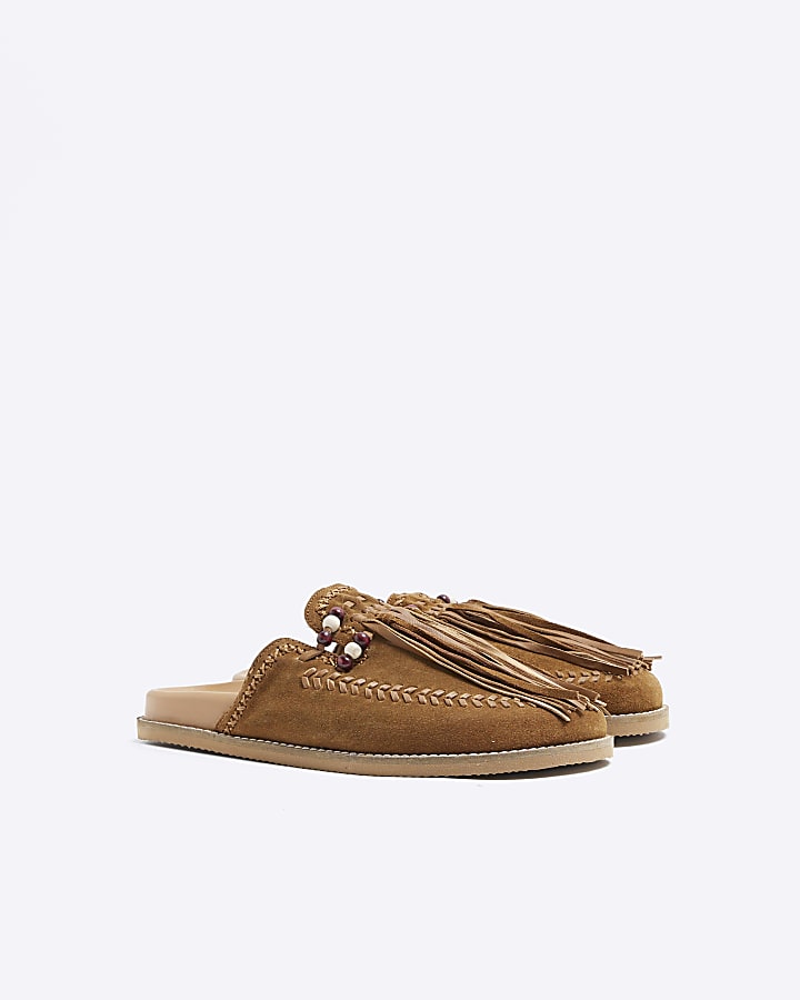 Brown Suede Fringed Clog Shoes